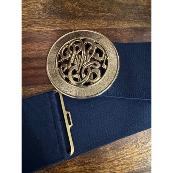 Vintage Gold Tone Monogram Navy Blue Elastic Belt Designer Style - Picture 5 of 5